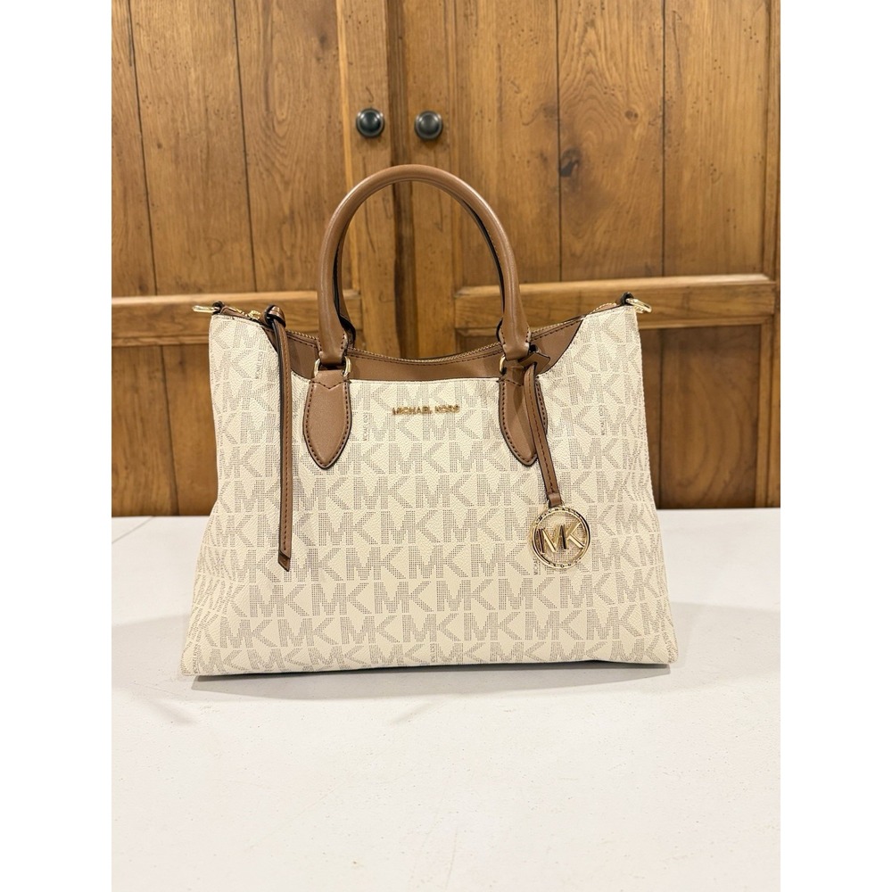 Michael Kors Cream (Vanilla) & Tan MK Signature Satchel Handbag Purse Gold Charm